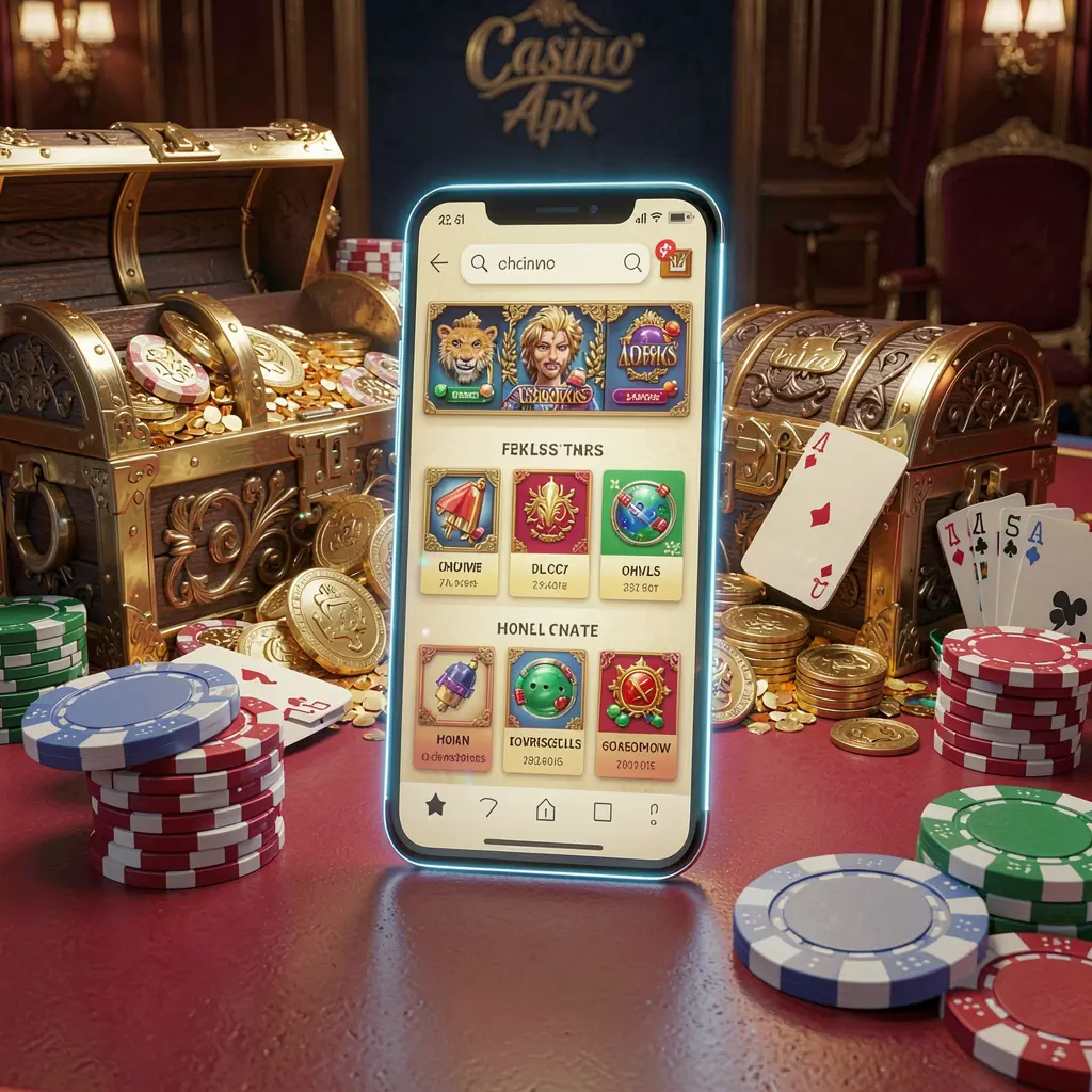 Glowing smartphone displaying RM77 Casino APK with Android-style app layout, surrounded by a treasure chest, chips, and coins in a luxury 3D render