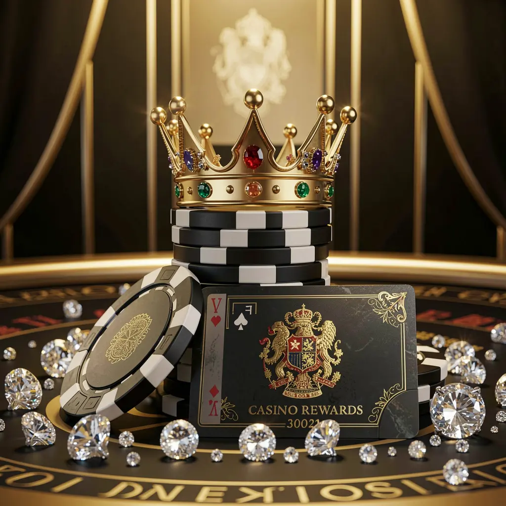 Elegant golden crown placed on top of poker chips with sparkling diamonds and a premium membership card against a luxury black and gold background, showcasing RM77 VIP casino rewards in an exclusive high-end casino atmosphere