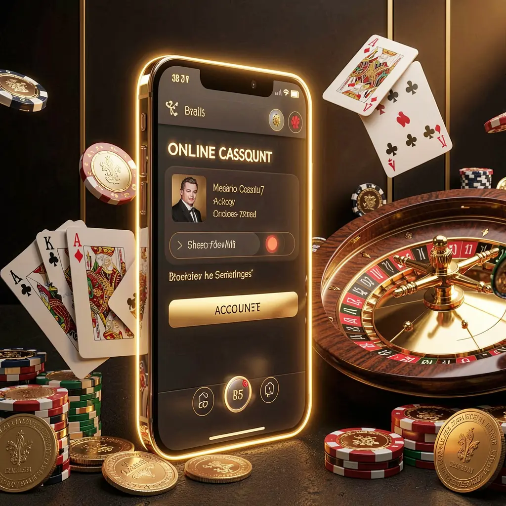 RM77 online casino account portal displayed on a glowing smartphone with premium cards, chips, roulette wheel, and coins against a black and gold background with cinematic lighting