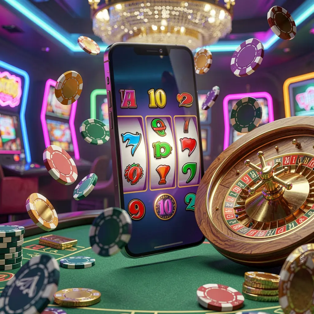RM77 casino entertainment homepage concept featuring a modern mobile phone surrounded by slot symbols, a roulette wheel, chips, and coins floating against a neon casino background in a premium 3D render